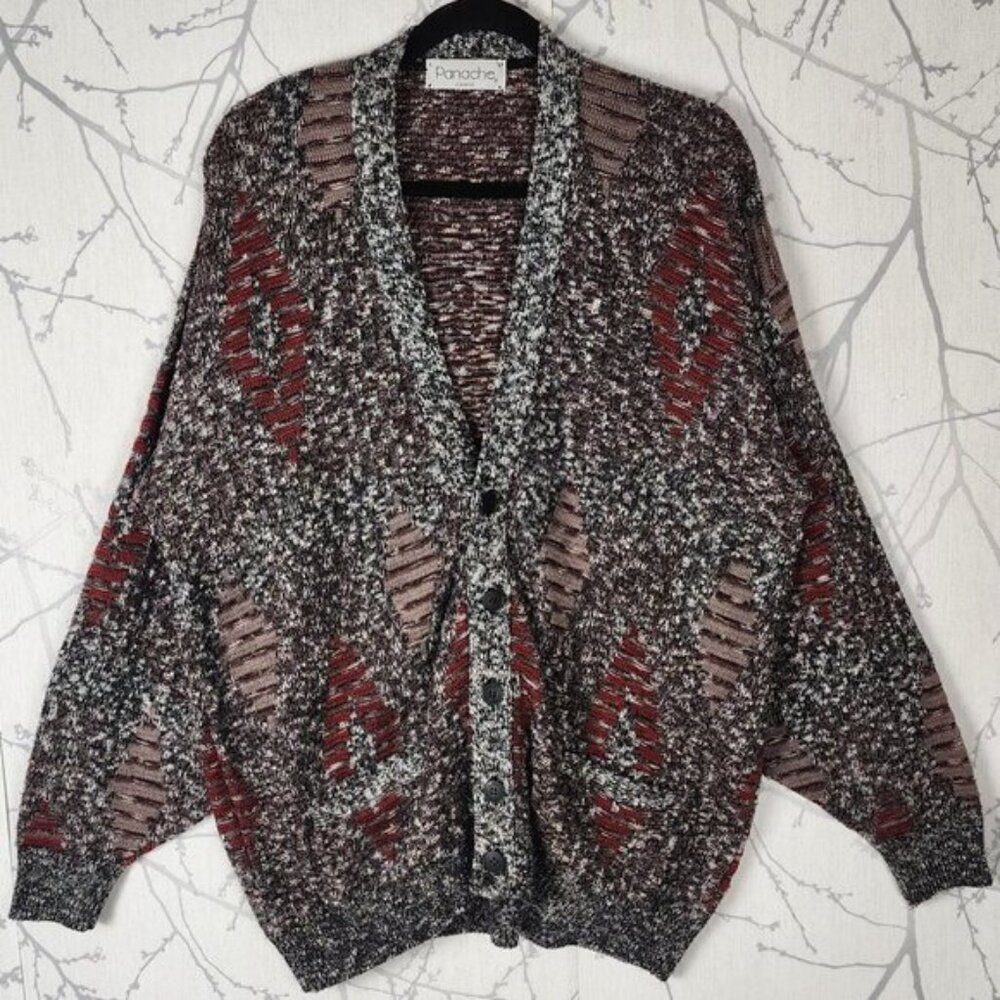 Panache Gray Retro Diamond Knit Button Front Cardigan